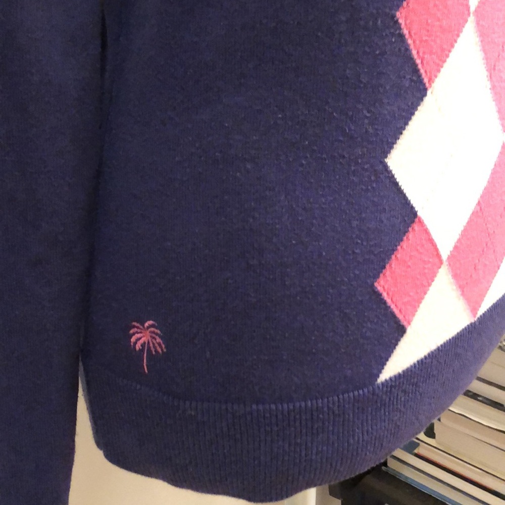 Lilly Pulitzer V-Neck Argyle Sweater Top Long-Sleeve Blue/White/Pink Shirt - Picture 4 of 12